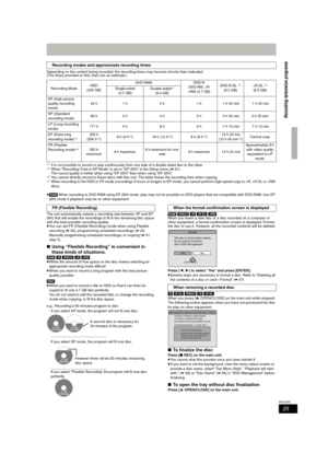 Page 2525
RQT8365
Depending on the content being recorded, the recording times may become shorter than indicated.
(The times provided on this chart are an estimate.)
§1It is not possible to record or play continuously from one side of a double sided disc to the other.§2When “Recording Time in EP Mode” is set to “EP (6H)” in the Setup menu (➡61).
The sound quality is better when using “EP (6H)” than when using “EP (8H)”.
§3You cannot directly record to these discs with this unit. The table shows the recording...