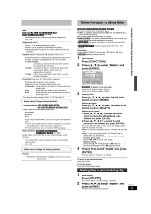 Page 4343
RQT8365
§Only when you have selected “480p” in “TV Type” (➡ 23).
[HDD] [RAM] [-R] [-R]DL] [-RW‹V›] [+R] [+R]DL] [+RW] [SD] 
(You cannot delete items on finalized discs.)
≥A title or a picture cannot be restored once it is deleted. Make 
certain before proceeding.
≥You cannot delete while recording or copying.
≥[HDD] [RAM] [SD] If you delete a recorded title (or a still picture), the 
space deleted becomes available for recording.
≥
[-RW‹V›] [+RW] Disc space increases only when the last recorded 
title...