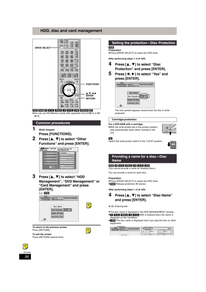 Page 5656
RQT8365
HDD, disc and card management
[HDD] [RAM] [-R] [-R]DL] [-RW‹V›] [+R] [+R]DL] [+RW] [-RW‹VR›] [SD]
≥You can use SD Memory Cards with capacities from 8 MB to 2 GB 
(➡ 6).
1While stopped
Press [FUNCTIONS].
2Press [3,4] to select “Other 
Functions” and press [ENTER].
3Press [3,4] to select “HDD 
Management”, “DVD Management” or 
“Card Management” and press 
[ENTER].
e.g., [RAM]
To return to the previous screen
Press [RETURN].
To exit the screen
Press [RETURN] several times.[RAM] 
Preparation...