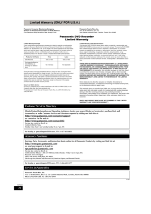 Page 7878
RQT8365
Limited Warranty (ONLY FOR U.S.A.)
Panasonic Consumer Electronics Company, 
Division of Panasonic Corporation of North America
One Panasonic Way Secaucus, New Jersey 07094Panasonic Puerto Rico, Inc.
Ave. 65 de Infantería, Km. 9.5 
San Gabriel Industrial Park, Carolina, Puerto Rico 00985
Panasonic DVD Recorder
Limited Warranty
Limited Warranty Coverage
If your product does not work properly because of a defect in materials or workmanship, 
Panasonic Consumer Electronics Company or Panasonic...