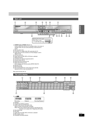 Page 1111
RQT8307
Getting started
1POWER button (POWER Í/I) (➡16)
Press to switch the unit from on to standby mode or vice versa. In 
standby mode, the unit is still consuming a small amount of 
power.
2Disc tray (➡20, 30)
3Connector for a digital video (DV) camcorder (➡47)
4Lights when the unit is turned on (if “Front Display” is set to 
“Bright” ➡56)
5SD card slot (➡5)
6Lights when the HDD, DVD or SD drive is selected
7Display (➡below)
8Connectors for external equipment (➡47)
9Channel select (➡20)
:Open/close...