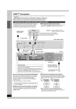 Page 1212
RQT8307
Getting started
STEP 1Connection
≥The equipment connections described are examples. Visit Panasonic’s homepage for more information about connection methods. (This is in 
English only.)
http://www.panasonic.com/consumer_electronics/dvd_recorder/dvd_connection.asp
≥Before connection, turn off all equipment and read the appropriate operating instructions.
≥Peripheral equipment and optional cables sold separately unless otherwise indicated.
The connection will allow the video cassette recorder to...