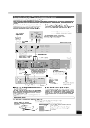 Page 1313
RQT8307
Getting started
≥You need to subscribe to a cable TV service to enjoy viewing their programming.
≥Consult your service provider regarding appropriate cable TV box.
≥If you receive your programming solely from a satellite service, the program guide in this unit will not receive program listings or 
channel information. Without this information, program-based recordings cannot be made. However, recordings can still be set 
manually.
The connection will allow the video cassette recorder to be...