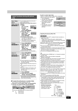 Page 3535
RQT8307
Playing back
∫To select the still pictures in another folder
(➡9, Structure of folders displayed by this unit)
1Press [3,4,2,1] to select “Folder” and press [ENTER].
2Press [3,4] to select the folder and press [ENTER].
You can also select folders with the numbered buttons.
e.g., 5: [0] ➡ [0] ➡ [5]
15: [0] ➡ [1] ➡ [5]
115: [1] ➡ [1] ➡ [5]To switch to another higher folder
If there is a multiple number of higher folders recognizable,
While the screen on the right appears
1 Press [SUB MENU]....