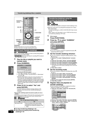 Page 4444
RQT8307
Transferring 
(Dubbing)
Transferring (dubbing) titles or playlists
Preparation
≥Insert a disc that you can use for recording (➡8).
≥Confirm that there is enough remaining disc space.
[HDD] > [RAM] [-R] [-RW‹V›] [+R]
With one touch transfer (dubbing), the title currently being played is 
dubbed without any further setting.
≥
[-R] [-RW‹V›] [+R] Select the audio type for recording MTS broadcast 
from “Select MTS” (➡56).
1Play the title or playlist you want to 
transfer (dub).
2Press [DUBBING]....