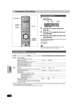 Page 5454
RQT8307
Convenient 
functions
Changing the unit’s settings
1While stopped
Press [SETUP].
2Press [3,4] to select the tab and 
press [1].
3Press [3,4] to select the menu and 
press [ENTER].
4Press [3,4] to select the option and 
press [ENTER].
To return to the previous screen
Press [RETURN].
To exit the screen
Press [SETUP].
[Note]
There may be differences in operation methods. If this happens, 
follow the on-screen instructions for the operation.
The settings remain intact even if you switch the unit...