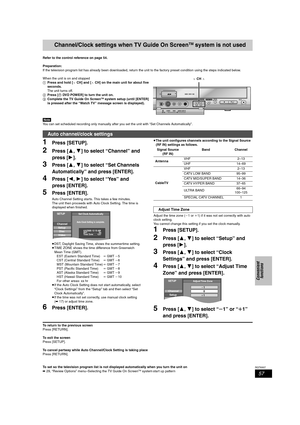 Page 5757
RQT8307
Convenient 
functions
Channel/Clock settings when TV Guide On ScreenTM system is not used
Refer to the control reference on page 54.
Preparation:
If the television program list has already been downloaded, return the unit to the factory preset condition using the steps indicated below.
When the unit is on and stopped
1Press and hold [XCH] and [WCH] on the main unit for about five 
seconds.
The unit turns off.
2Press [ÍDVD POWER] to turn the unit on.
3Complete the TV Guide On Screen
TM system...