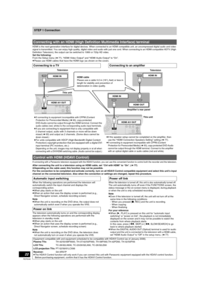 Page 2222
RQT8346
STEP 1 Connection
HDMI is the next-generation interface for digital devices. When connected to an HDMI compatible unit, an uncompressed digital audio and video 
signal is transmitted. You can enjoy high quality, digital video and audio with just one cord. When connecting to an HDMI-compatible HDTV (High 
Definition Television), the output can be switched to 1080i or 720p HD video.
Set the following:
From the Setup menu (l77), “HDMI Video Output” and “HDMI Audio Output” to “On”.
≥Please use...