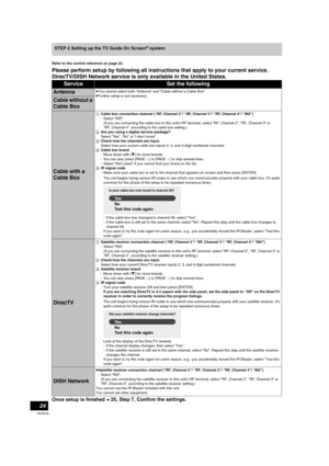 Page 2424
RQT8346
STEP 2 Setting up the TV Guide On Screen® system
Refer to the control reference on page 23.
Please perform setup by following all instructions that apply to your current service.
DirecTV/DISH Network service is only available in the United States.
Once setup is finished l25, Step 7, Confirm the settings.
ServiceSet the following
Antenna≥You cannot select both “Antenna” and “Cable without a Cable Box”.
≥Further setup is not necessary.
Cable without a 
Cable Box
Cable with a 
Cable Box
1Cable...