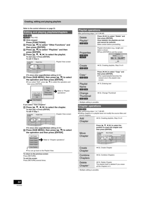 Page 5454
RQT8346
Creating, editing and playing playlists
Refer to the control reference on page 53.
[HDD] [RAM]
[-RW‹VR›] (Play only)
[1]While stopped
Press [FUNCTIONS].
[2]Press [3,4] to select “Other Functions” and 
then press [ENTER].
[3]Press [3,4] to select “Playlists” and then 
press [ENTER].
[4]Press [3, 4, 2, 1] to select the playlist.
To start play lPress [ENTER].
To edit lStep 5.
≥To show other pages/Multiple editing (l51)
[5]Press [SUB MENU], then press [3,4] to select 
the operation and then press...