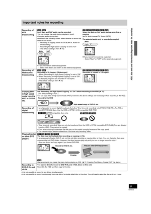 Page 99
RQT8346
Important notes for recording
≥It is not possible to record to two drives simultaneously.
≥It is not possible to record continuously from one side of a double sided disc to the other. You will need to eject the disc and turn it over.
Recording of 
MTS 
broadcasting[HDD] [RAM] 
Both Main and SAP audio can be recorded.
You can change the audio during playback. (l42, 
Changing audio during play)
However in the following cases, select whether to record the 
Main or SAP audio:
- Recording or copying...