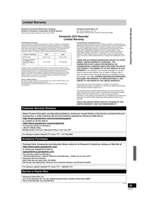 Page 9595
RQT8346
Limited Warranty
Panasonic Consumer Electronics Company, 
Division of Panasonic Corporation of North America
One Panasonic Way, Secaucus, New Jersey 07094
Panasonic Puerto Rico, Inc.Ave. 65 de Infantería, Km. 9.5 
San Gabriel Industrial Park, Carolina, Puerto Rico 00985
Panasonic DVD Recorder
Limited Warranty
Limited Warranty Coverage
If your product does not work properly because of a defect in materials or workmanship, 
Panasonic Consumer Electronics Company or Panasonic Puerto Rico, Inc....