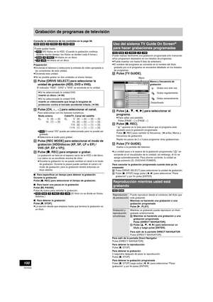 Page 100100
RQT8346
Grabación de programas de televisión
Consulte la referencia de los controles en la page 98.
[HDD] [RAM] [-R] [-RW‹V›] [+R] [+RW] [VHS]
Preparación
≥Encienda el televisor y seleccione la entrada de vídeo apropiada a 
las conexiones de esta unidad.
≥Encienda esta unidad.
≥No es posible grabar en dos unidades al mismo tiempo.
[1]Pulse [DRIVE SELECT] para seleccionar la 
unidad de grabación (HDD, DVD o VHS).
El indicador “HDD”, “DVD” o “VHS” se enciende en la unidad.
[2]Pulse [CH, W, X] para...