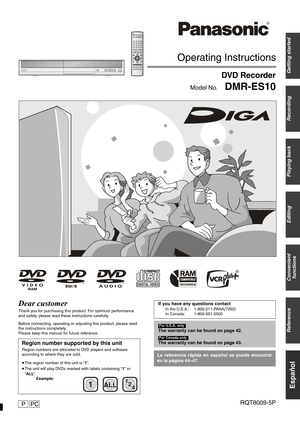 Page 1PRQT8009-5PPC
Operating Instructions
DVD Recorder
DMR-ES10Model No.
Getting started
Español
Recording
Playing back
Editing
Convenient 
functions
Reference
1ALL2
4 1
Dear customer
Thank you for purchasing this product. For optimum performance 
and safety, please read these instructions carefully.
Before connecting, operating or adjusting this product, please read 
the instructions completely.
Please keep this manual for future reference.
Region number supported by this unit
Region numbers are allocated to...