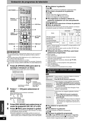 Page 46RQT8009
46
Español
Grabación de programas de televisión
•No es posible grabar continuamente desde una cara a la otra en 
un disco de dos caras. Tendrá que expulsar el disco y darlo la 
vuelta.
•Cuando utilice discos DVD-RAM de 8 cm (3″) o DVD-R de 8 cm 
(3″), retire el disco del cartucho.
•Puede grabar hasta 99 títulos en un disco.
•No es posible grabar emisiones digitales que permiten “Grabación 
sólo una vez” en discos DVD-R, DVD-RW, +R o DVD-RAM de 8 cm 
(3″).
1Pulse [; OPEN/CLOSE] para abrir la...