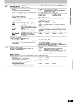 Page 37RQT8314
37
Changing the unit’s settings
Ta b sMenusOptions (Underlined items are the factory presets.)
Disc Settings for Playback
Press [ENTER] to show the following settings.
Ratings
Set a ratings level to limit DVD-Video play.
Follow the on-screen instructions. Enter a 4-digit password 
with the numbered buttons when the password screen is 
shown.
• Do not forget your password.•8 No Limit
:  All DVD-Video can be played.
• 1 to 7:  Prohibits play of DVD-Video with corresponding 
ratings recorded on...