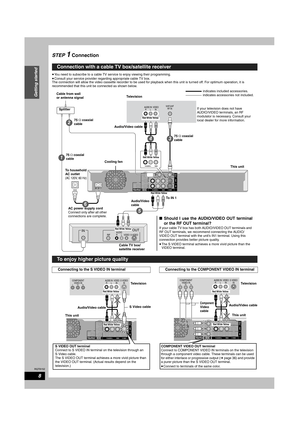 Page 8RQT8152
8
Getting started
STEP 1 Connection
•You need to subscribe to a cable TV service to enjoy viewing their programming.
•Consult your service provider regarding appropriate cable TV box. 
The connection will allow the video cassette recorder to be used for playback when this unit is turned off. For optimum operation, it is 
recommended that this unit be connected as shown below.
Connection with a cable TV box/satellite receiver
RF
IN
VIDEO AUDIO
R       L S-VIDEO
OUT
RFIN
VHF/UHF
RF IN AUDIO IN
R...