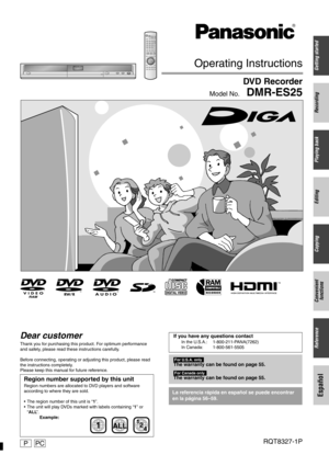 Page 1RQT8327-1P
Operating Instructions
DVD Recorder
DMR-ES25Model No.
Getting started
Recording
PPC
Playing back
Editing
Copying
Reference
Español
Convenient 
functions
Dear customer
Thank you for purchasing this product. For optimum performance 
and safety, please read these instructions carefully.
Before connecting, operating or adjusting this product, please read 
the instructions completely.
Please keep this manual for future reference.
Region number supported by this unit
Region numbers are allocated to...
