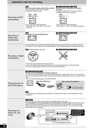 Page 18RQT8327
18
Important notes for recording
Recording of MTS 
broadcasting
Both main and secondary audio can be recorded
You can change the audio during playback. 
(Ôpage 25, Changing audio)
If you record from external equipment
– Select both “Main” and “SAP” on the external 
equipment.      
Select the main or secondary audio before 
recording
(Ôpage 44, “Multi-channel TV Sound ( MTS )”)
The selected audio only is recorded.
If you record from external equipment
– Select “Main” or “SAP” on the external...