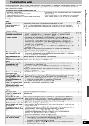 Page 49RQT8327
49
Troubleshooting guide
Before requesting service, make the following checks. If you are in doubt about some of the check points, or if the remedies indicated in the chart 
do not solve the problem, refer to “Customer Services Directory” on page 55 if you reside in the U.S.A., or refer to “Product information” on 
page 52 if you reside in Canada.
The following do not indicate a problem with this unit:
• Regular disc rotating sounds.
• Poor reception due to atmospheric conditions.
• Image...