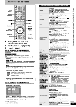 Page 59RQT8327
59
Reproducción de discos
1Pulse [DRIVE SELECT] para 
seleccionar la unidad DVD.
2Inserte un disco (Ôpágina 58).
3Pulse [q] (PLAY).
           
La reproducción se inicia a partir del título grabado más 
recientemente.
   
La reproducción se inicia desde el principio del disco.
nCuando aparece una pantalla de menú en el 
televisor
 
Pulse [e,r,w,q] para seleccionar la opción y pulse [ENTER].
Algunas opciones también pueden seleccionarse utilizando los 
botones numerados.
Pulse los botones...