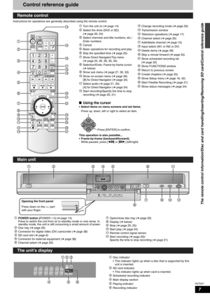 Page 7RQT8327
7
Control reference guide
Instructions for operations are generally described using the remote control.
Remote control
1bo
bp
ck
cn
cm br bq
bt
bs4
2
6
9
bl
bm bk
cl
7
8
5
3
bncr cp
cq co
1Turn the unit on (Ôpage 14)
2Select the drive (DVD or SD) 
(Ôpage 20, 24)
3Select channels and title numbers, etc./
Enter numbers
4Cancel
5Basic operations for recording and play
6Skip the specified time (Ôpage 25)
7Show Direct Navigator/Top menu 
(Ôpage 24, 26, 28, 30, 34)
8Selection/Enter, Frame-by-frame...