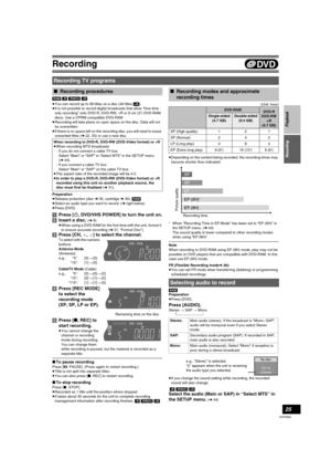 Page 2525
VQT0N92
Recording
[RAM] [-R] [-RW‹V›] [+R]
≥You can record up to 99 titles on a disc (49 titles [+R]).
≥It is not possible to record digital broadcasts that allow “One time 
only recording” onto DVD-R, DVD-RW, +R or 8 cm (3q) DVD-RAM 
discs. Use a CPRM compatible DVD-RAM
≥Recording will take place on open space on the disc. Data will not 
be overwritten.
≥If there is no space left on the recording disc, you will need to erase 
unwanted titles (l22, 33) or use a new disc.
Preparation
≥Release...