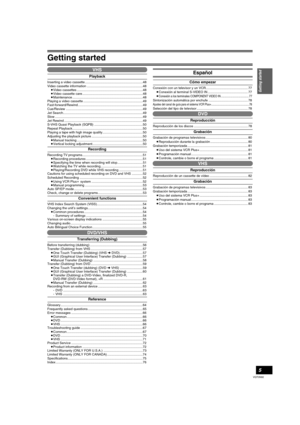 Page 5Getting started
5
VQT0N92
VHS
Playback
Inserting a video cassette ...............................................................48
Video cassette information .............................................................48
≥Video cassettes ........................................................................48
≥Video cassette care ..................................................................48
≥Maintenance .............................................................................48
Playing a...