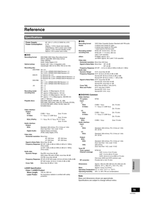 Page 75Reference
75
VQT0N92
Note
Mass and dimensions shown are approximate.
Specifications are subject to change without notice.
Specifications
Power Supply:AC 120k(1 ±10% ) V, 50/60 Hz ±10%Power Consumption:31 W 
(Approx. 10 W in Quick start standby 
mode/Approx. 9 W in power save mode)
(Approx. 4 W in Normal standby mode/
Approx. 2 W in power save mode)
∫DVDRecording formatDVD-RAM: DVD Video Recording format
DVD-R, DVD-RW: DVD-Video format
Video: MPEG2
Audio: Dolby Digital 2 CH
Optical pickupSystem with 1...
