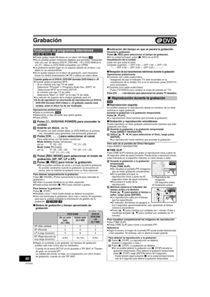 Page 8080
VQT0N92
Grabación
[RAM] [-R] [-RW‹V›] [+R]
≥Puede grabar hasta 99 títulos en un disco (49 títulos [+R]).
≥No es posible grabar emisiones digitales que permiten “Grabación 
sólo una vez” en discos DVD-R, DVD-RW, iR o DVD-RAM de 8 
cm (3q). Utilice un DVD-RAM compatible con CPRM.
≥La grabación tendrá lugar en un espacio abierto en el disco. Los 
datos no se sobrescribirán.
≥Si no queda espacio en el disco de grabación, será necesario 
borrar los títulos innecesarios (l79) o utilizar un nuevo disco....