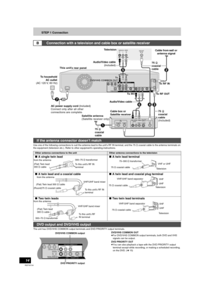 Page 1414
RQTV0134
STEP 1 Connection
Use one of the following connections to suit the antenna lead to the unit’s RF IN terminal, and the 75 ≠ coaxial cable to the antenna terminals on 
the equipment (television etc.). Refer to other equipment’s operating instructions.
The unit has DVD/VHS COMMON output terminals and DVD PRIORITY output terminals.
v
DVD/VHS COMMON OUT
≥For DVD/VHS COMMON output terminals, both DVD and VHS 
signals can be output.
DVD PRIORITY OUT
≥You can also playback a tape with the DVD...