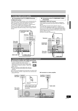 Page 1515
RQTV0134
S VIDEO OUT terminal
The S VIDEO OUT terminal achieves a more vivid picture than the 
VIDEO OUT terminal. (Actual results depend on the television.)
After completing “Connection with a television” (l13) or 
“Connection with a television and cable box or satellite receiver” 
(l14), connect S VIDEO cable as illustration below.
Usually you can watch a picture from INPUT2 terminal. When you 
want to playback VHS while recording on DVD, change to INPUT1 
terminal.COMPONENT VIDEO OUT terminal
These...