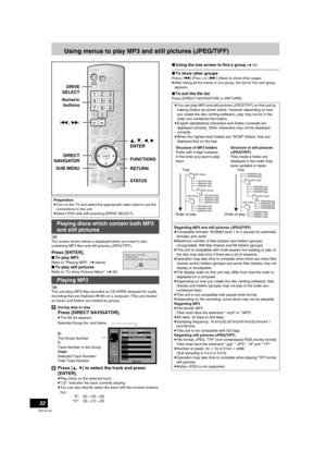 Page 3232
RQTV0134
Using menus to play MP3 and still pictures (JPEG/TIFF)
2
[CD]
The screen shown below is displayed when you insert a disc 
containing MP3 files and still pictures (JPEG/TIFF).
Press [ENTER].
∫To play MP3
Refer to “Playing MP3”. (l below)
∫To play still pictures
Refer to “To show Pictures Menu”. (l33)
[CD]
The unit plays MP3 files recorded on CD-R/RW designed for audio 
recording that are finalized (l68) on a computer. Files are treated 
as tracks and folders are treated as groups.
[1]During...