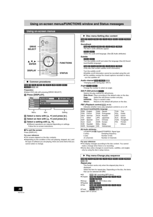 Page 3636
RQTV0134
Using on-screen menus/FUNCTIONS window and Status messages
[RAM] [-R] [-R]DL] [-RW‹V›] [+R] [+R]DL] [+RW] [DVD-A] [DVD-V] 
[-RW‹VR›] [VCD] [CD]
Preparation
≥Select DVD side with pressing [DRIVE SELECT].
[1]Press [DISPLAY].
[2]Select a menu with [
3, 4] and press [1].
[3]Select an item with [
3, 4] and press [1].
[4]Select a setting with [
3, 4].
≥Different operations are required depending on settings. 
Follow the on-screen instructions.
∫To exit the screen
Press [DISPLAY].
For your...