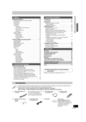 Page 55
RQTV0134
Editing titles/chapters  . . . . . . . . . . . . . . . . . . . . . . . . . . . 38
Editing titles/Chapters and playing chapters  . . . . . . . . . . . . . .  38
Title operations  . . . . . . . . . . . . . . . . . . . . . . . . . . . . . . . . . . . .  38
≥Delete Title . . . . . . . . . . . . . . . . . . . . . . . . . . . . . . . . . . . . . .  38
≥Properties  . . . . . . . . . . . . . . . . . . . . . . . . . . . . . . . . . . . . . .  38
≥Edit Title   . . . . . . . . . . . . . . . . . . . . . ....