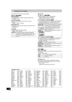 Page 5858
RQTV0134
Changing the unit’s settings
≥ Underlined items are the factory default settings. 
∫Display 
Status Messages 
Choose whether to show status messages automatically or not.
[Automatic] [Off]
On-screen Language 
Choose the language for these menus and the on-screen 
messages.
[English
] [Español] [Français]
Blue Background 
Select whether to show the blue background, normally shown when 
TV reception is poor.
[On
] [Off]
FL Display
Changes the brightness of the unit’s display.
[Bright...