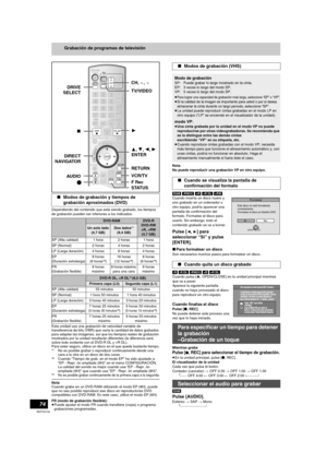 Page 7474
RQTV0134
Grabación de programas de televisión
Dependiendo del contenido que está siendo grabado, los tiempos 
de grabación pueden ser inferiores a los indicados.
Esta unidad usa una grabación de velocidad variable de 
transferencia de bits (VBR) que varía la cantidad de datos grabados 
para adaptar las imágenes, así que los tiempos reales de grabación 
mostrados por la unidad resultarán diferentes (la diferencia será 
sobre todo evidente con el DVD-R DL y +R DL).
Para estar seguro, utilice un disco en...