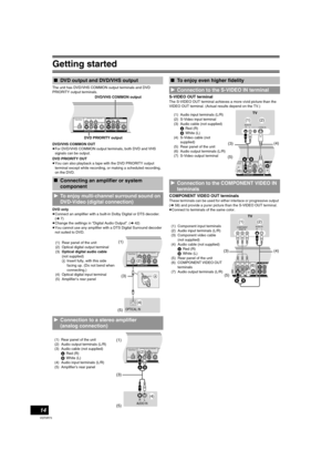 Page 14Getting started
14
VQT0R73
The unit has DVD/VHS COMMON output terminals and DVD 
PRIORITY output terminals.
DVD/VHS COMMON OUT
≥For DVD/VHS COMMON output terminals, both DVD and VHS 
signals can be output.
DVD PRIORITY OUT
≥You can also playback a tape with the DVD PRIORITY output 
terminal except while recording, or making a scheduled recording, 
on the DVD.
DVD only
≥Connect an amplifier with a built-in Dolby Digital or DTS decoder. 
(l7)
≥Change the settings in “Digital Audio Output”. (l42)
≥You...