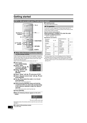 Page 18Getting started
18
VQT0R73
If other Panasonic products are placed close together, change the 
remote control code on the main unit and on the remote control (the 
two must match). When changing the remote control code, make 
sure the two codes are same.
Under normal circumstances use the factory set code “1”.
[1]While stopped
Press [FUNCTIONS].
[2]Select “Other 
Functions” with [3, 4] 
and press [ENTER].
[3]Select “SETUP” with 
[3, 4] and press 
[ENTER].
[4]Select “Setup” with [3, 4] and press [2,1]....