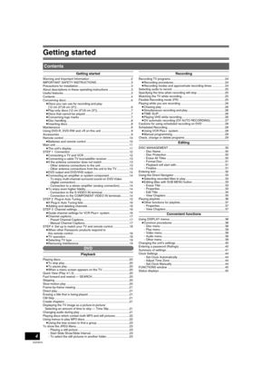 Page 4Getting started
4
VQT0R73
Getting started
Warning and Important Information ..................................................2
IMPORTANT SAFETY INSTRUCTIONS..........................................3
Precautions for installation................................................................3
About descriptions in these operating instructions ...........................3
Useful features..................................................................................3
Contents...