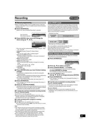 Page 51Recording
51
VQT0R73
≥When connecting a cable TV box or satellite receiver, select the 
channel on the cable TV box or satellite receiver before scheduled 
recording starts.
[1]Press [SCHEDULE].
≥Make sure “New Scheduled Recording” is selected.
[2]Press [ENTER], then move and change the 
items using [3, 4, 2, 1]. 
≥You may use the numbered buttons to enter “Channel”, “Date”, 
“On”, and “Off”. 
≥Channel (Program Position/TV Station Name)
≥Date
 You can also make a daily or weekly program.
≥On (start...