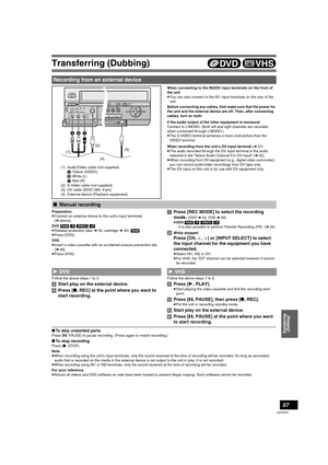 Page 57Transferring (Dubbing)
57
VQT0R73
When connecting to the IN2/DV input terminals on the front of 
the unit
≥You can also connect to the IN1 input terminals on the rear of the 
unit.
Before connecting any cables, first make sure that the power for 
the unit and the external device are off. Then, after connecting 
cables, turn on both.
If the audio output of the other equipment is monaural
Connect to L/MONO. (Both left and right channels are recorded 
when connected through L/MONO.)
≥The S-VIDEO terminal...