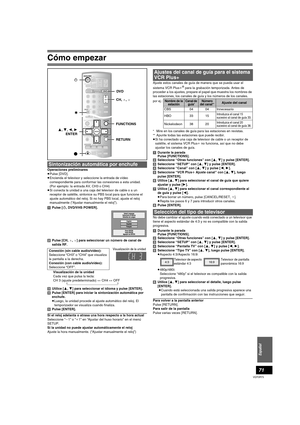 Page 71Cómo empezar
71
VQT0R73
Español
Operaciones preliminares
≥Pulse [DVD].
≥Encienda el televisor y seleccione la entrada de vídeo 
correspondiente para conformar las conexiones a esta unidad. 
(Por ejemplo: la entrada AV, CH3 o CH4)
≥Si conecta la unidad a una caja del televisor de cable o a un 
receptor de satélite, sintonice su PBS local para que funcione el 
ajuste automático del reloj. Si no hay PBS local, ajuste el reloj 
manualmente (“Ajustar manualmente el reloj”).
[1]Pulse [Í, DVD/VHS POWER]....