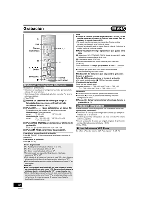 Page 7878
VQT0R73
Grabación
Operaciones preliminares
≥Seleccione el canal que ve la imgen de la unidad (por ejemplo la 
entrada AV) en el televisor.
≥Controle que el reloj esté ajustado a la hora correcta. Por si no lo 
estuviese, ajústelo.
≥Pulse [VHS].
[1]Inserte un cassette de vídeo que tenga la 
lengüeta de protección contra el borrado 
accidental intacta. 
(l77)
[2]Pulse [CH, W, X] para seleccionar un canal TV.
Para seleccionar los canales con las teclas numéricas:
Modo Antena (Ondas hertzianas)
Modo Cable...