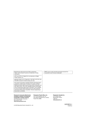 Page 80Manufactured under license from Dolby Laboratories. 
“Dolby” and the double-D symbol are trademarks of Dolby 
Laboratories. 
“DTS” and “DTS 2.0iDigital Out” are trademarks of Digital 
Theater Systems, Inc. 
Apparatus Claims of U.S. Patent Nos. 4,631,603, 4,577,216, and 
4,819,098, licensed for limited viewing uses only. 
This product incorporates copyright protection technology that is 
protected by method claims of certain U.S. patents and other 
intellectual property rights owned by Macrovision...