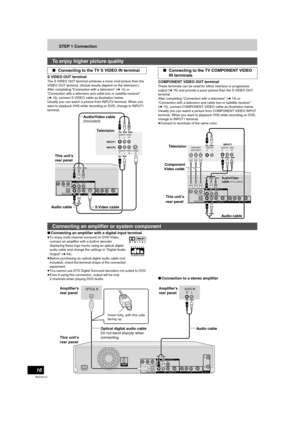 Page 1616
RQTV0141
STEP 1 Connection
S VIDEO OUT terminal
The S VIDEO OUT terminal achieves a more vivid picture than the 
VIDEO OUT terminal. (Actual results depend on the television.)
After completing “Connection with a television” (l14) or 
“Connection with a television and cable box or satellite receiver” 
(l15), connect S VIDEO cable as illustration below.
Usually you can watch a picture from INPUT2 terminal. When you 
want to playback VHS while recording on DVD, change to INPUT1 
terminal.COMPONENT VIDEO...