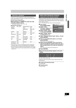 Page 2121
RQTV0141
To turn the TV on/off, change the TV input mode, select the TV 
channel and change the TV volume by means of this remote control, 
set the remote control as follows.
Point the remote control at the TV
While pressing [Í, POWER TV], enter the code 
using the numeric buttons.
e.g., 0250: press [0] > [2] > [5] > [0].
Manufacturer and Code No. 
≥Test by turning on the TV and changing channels. Repeat the 
procedure until you find the code that allows correct operation.
≥If your TV brand is not...