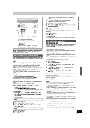 Page 5757
RQTV0141
When connecting the IN2 input terminals on the front of the unit
≥You can also connect to the IN1 input terminals on the rear of the 
unit.
Notes
≥When recording using the unit’s input terminals, only the sound 
received at the time of recording will be recorded. As long as 
secondary audio that is recorded on the media in the external 
device is not output to the unit in play, it is not recorded.
≥If the audio output of the other equipment is monaural, connect to 
L/MONO. (Both left and...