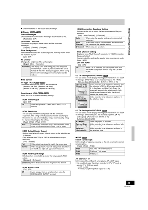 Page 6565
RQTV0141
≥ Underlined items are the factory default settings. 
∫Display 
Status Messages 
Choose whether to show status messages automatically or not.
[Automatic] [Off]
On-screen Language 
Choose the language for these menus and the on-screen 
messages.
[English
] [Español] [Français]
Blue Background 
Select whether to show the blue background, normally shown when 
TV reception is poor.
[On
] [Off]
FL Display 
Changes the brightness of the unit’s display.
[Bright
] [Dim] [Automatic]
∫TV Screen 
TV...