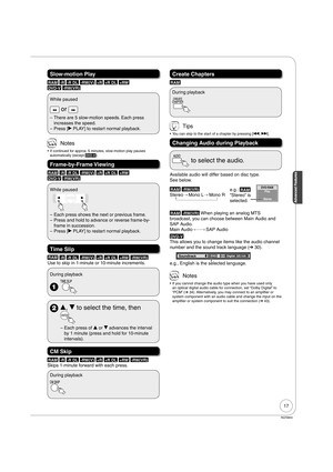 Page 1717
Advanced Features
RQT8850
Slow-motion Play
RAM -R -R DL -RW(V) +R +R DL +RW 
DVD-V -RW(VR)
While paused
 or 
There are 5 slow-motion speeds. Each press 
increases the speed.
Press [q PLAY] to restart normal playback. –
–
 Notes
If continued for approx. 5 minutes, slow-motion play pauses 
automatically (except DVD-V).
Frame-by-Frame Viewing
RAM -R -R DL -RW(V) +R +R DL +RW 
DVD-V -RW(VR)
While paused
Each press shows the next or previous frame.
Press and hold to advance or reverse frame-by-
frame in...